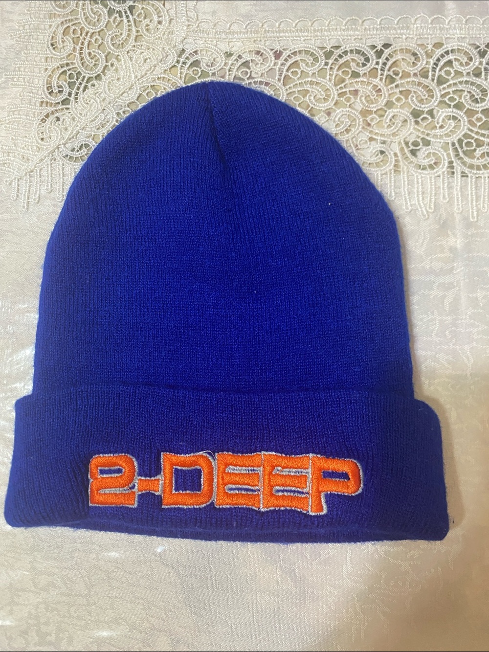 2-Deep Embroidered Cuffed Beanie - Royal Blue & Orange,Open to Offers!